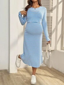 SHEIN 孕妇休闲条纹侧开衩哺乳连衣裙 - 淺藍色 - 查看 4