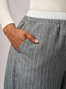 SHEIN Tall CURVE 大码女式撞色条纹梭织长裤，适合秋冬季 - 灰色 - 查看 6