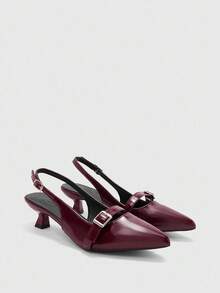 CUCCOO BIZCHIC Pointed Toe Kitten Heel Burgundy Women's Fashion Backless Low Heel Pumps, Versatile For Daily Wear And Commuting