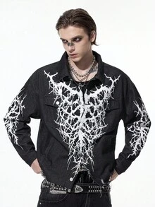 ROMWE MEN Goth 男士短款牛仔夹克，复古街头风格 - 黑色 - 查看 6