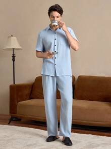 EverLounge Bộ đồ ngủ cotton nguyên chất kiểu dáng cơ bắp cổ điển Anh Quốc dành cho nam - Màu xanh lam - Xem 5