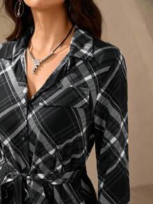Wildy Women's Black And White Checkered Autumn Casual Western Occasion Plaid Dress,Elegant Waist Tie Long Sleeve Button-Down Soft Viscose Midi Party Dress - Black - View 7