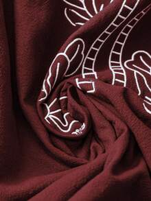 SHEIN LUNE CURVE 女式 V 领刺绣七分袖亚麻衬衫，宽松夏季上衣 - 酒紅色 - 查看 3