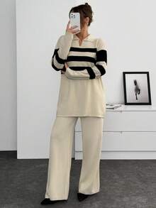 EURMUSE Women Stripe Pattern Polo Neck Drop Shoulder Pullover & Sweater Pants Set Knit Two Piece Set Knit Pants Set Womens Knit Set Two Piece Pants Set Striped Knit Set,Co Ord,Winter Clothes - Cream - View 7