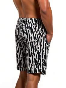 Manfinity KASUA Men's Drawstring Waist Allover Print Pocket Stylish Beach Shorts Men Swim Trunks - Black and White - View 3