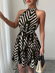 Selianne Váy ngắn không tay, thắt eo, họa tiết sọc xanh navy và mơ dành cho nữ đi nghỉ mát - màu đen - Xem 4