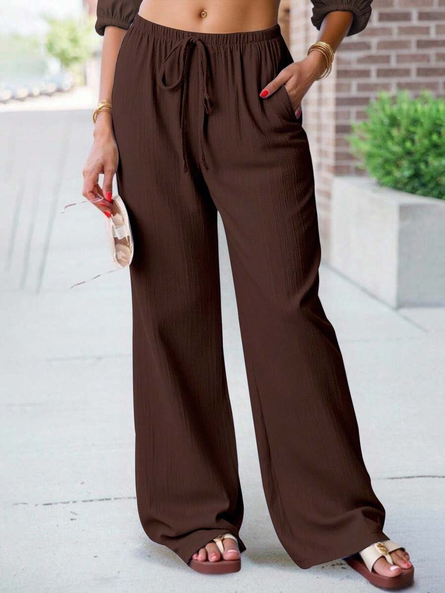 ReShift Pantalones anchos de unicolor casuales de talla grande - Marrón - Ver 1