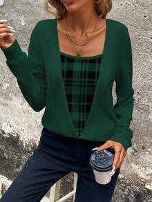 EMERY ROSE Sudadera casual de mujer con mangas largas y parches a cuadros - Verde Oscuro - Ver 4