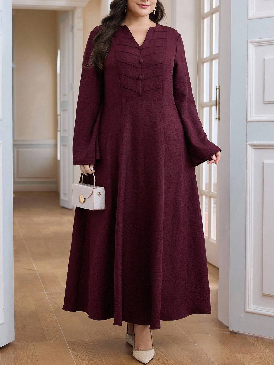 Al Najma Vestido feminino plus size elegante cor sólida manga sino estilo árabe - Borgonha - Ver 1