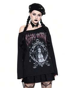 ROMWE Áo thun tay dài cổ bất đối xứng in hình búp bê kinh dị Gothic, Halloween - màu đen - Xem 6