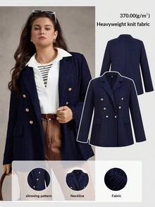 Zelara 大码女式海军蓝双排扣针织西装外套，秋冬返校季商务休闲女装，乡村音乐会复古斯德哥尔摩风格办公室着装，教师工作/办公室冬季时尚 - 藏蓝色 - 查看 1
