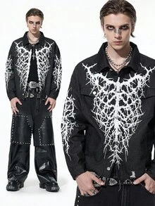 ROMWE MEN Goth 男士短款牛仔夹克，复古街头风格 - 黑色 - 查看 4