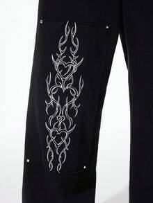 ROMWE MEN Goth Men's Fashion Dark Embroidery Loose Fit Jeans - Black - View 2