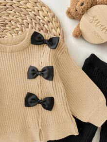 SHEIN 2件套女婴可爱棕色蝴蝶结针织毛衣和喇叭裤套装，秋冬 - 彩色 - 查看 4