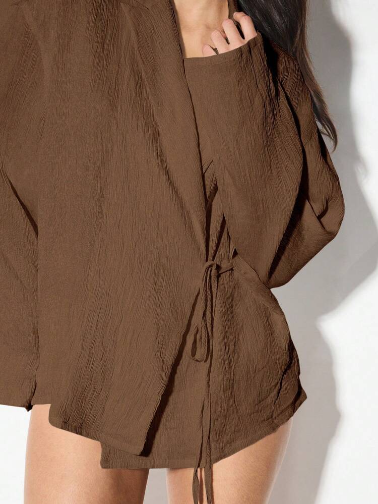 KIZN Crinkle Textured Wrap Blouse With Side Tie