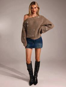 Avantive Mocha Brown Off The Shoulder Rhinestone Sweater For Women,Elegant Autumn Knitwear For Night Out,Y2K Western Style Boho Vintage Clubwear Top - Brown - View 7