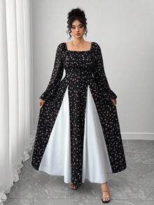 Elenzga Vestido longo plus size feminino com estampa floral gótica, casual, francês, romântico, elegante, cintura marcada, amarração frontal, gola quadrada, manga comprida, punho elástico - Multicolorido - Ver 5
