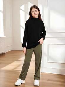 SHEIN Tween Girls 百搭休闲百搭优雅高领长袖保暖内衬 T 恤，适合秋冬季，非常适合上学、旅行和日常穿着 - 黑色 - 查看 2