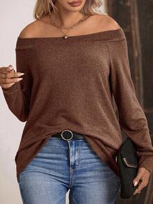 EMERY ROSE Plus Size New Fashion Casual Off-Shoulder Long Sleeve Loose T-Shirt For Women - Coffee Brown - View 1