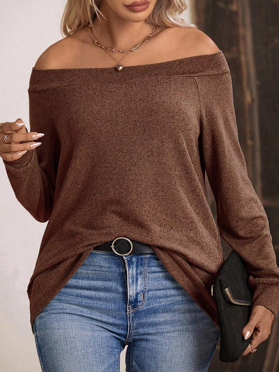 EMERY ROSE Plus Size New Fashion Casual Off-Shoulder Long Sleeve Loose T-Shirt For Women - Coffee Brown - View 1