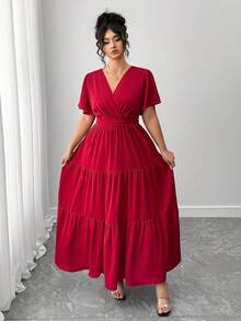 Elenzga 大码女式V领褶饰短袖连衣裙