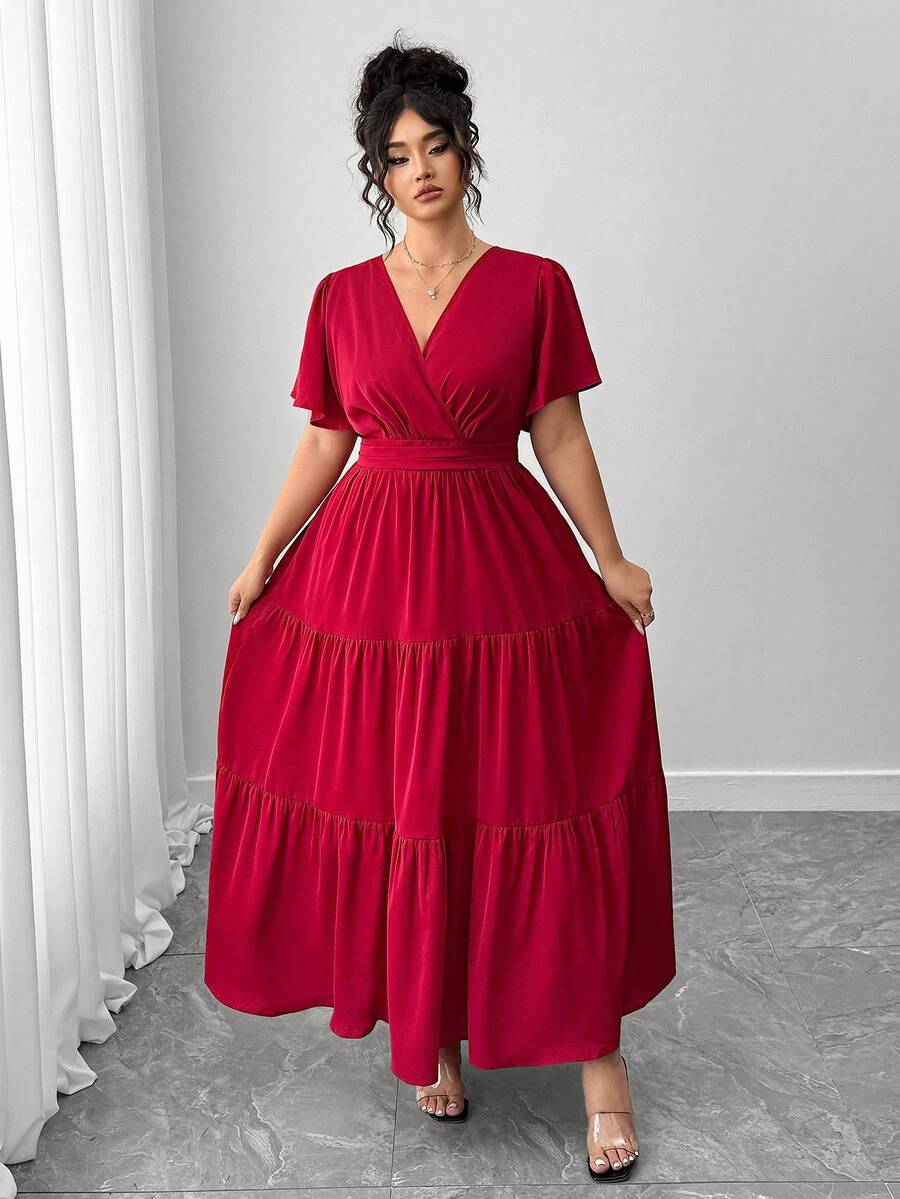 Elenzga 大码女式V领褶饰短袖连衣裙