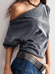 Bohemela Casual Solid Color Knit Asymmetric Neck Loose T-Shirt For Women - Grey - View 7