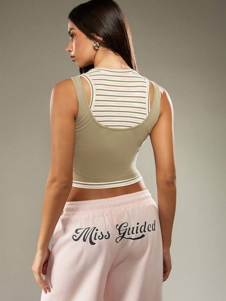 MISSGUIDED Striped Double Layer Tank Top With Round Neck Sleeveless Design Ribbed Collar Modern Fashion Casual Summer Layering Basic Essential Spring Crop Length
