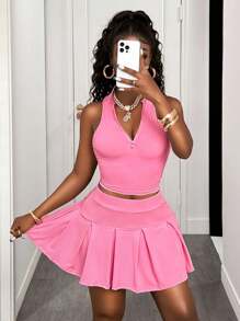 BamGleam 純色拉鍊半拉鍊時尚背心和純色百褶裙套裝，搭配學術性感和俏皮風格 - 粉色 - 查看 3
