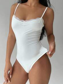 FavEase Black Lace Trim V-Neck Camisole Backless Bodysuit, Fashionable Minimalist Casual Elegant Extremely Soft Comfortable Stretchy Women Summer