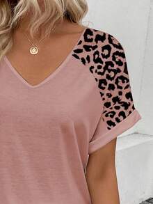 SHEIN VCAY Women's New Style V-Neck Loose Leopard Print Short Sleeve T-Shirt - Pink - View 4