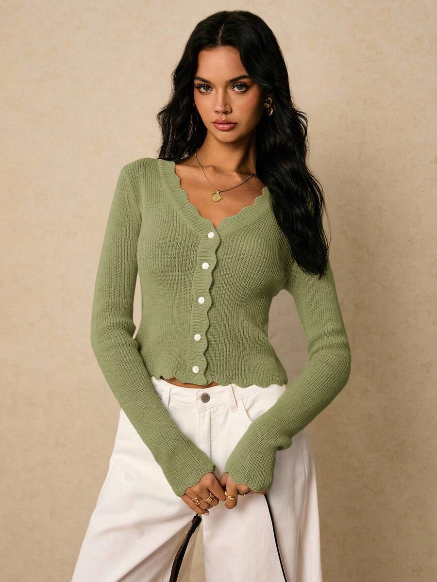 Poéselle 秋冬女士纯色简约休闲长袖毛衣 - 綠色 - 查看 1