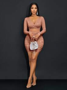 SOLERSUN Women's Solid Color Cross Wrap Halter Neck Fitted Sexy Hollow Out Long Sleeve Dress Fall Cloth For Women - Brown - View 4
