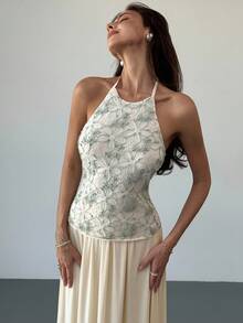 Aloruh 杏色露背吊带背心+长款分层网眼裙，女士浪漫约会度假装 - 杏色 - 查看 9