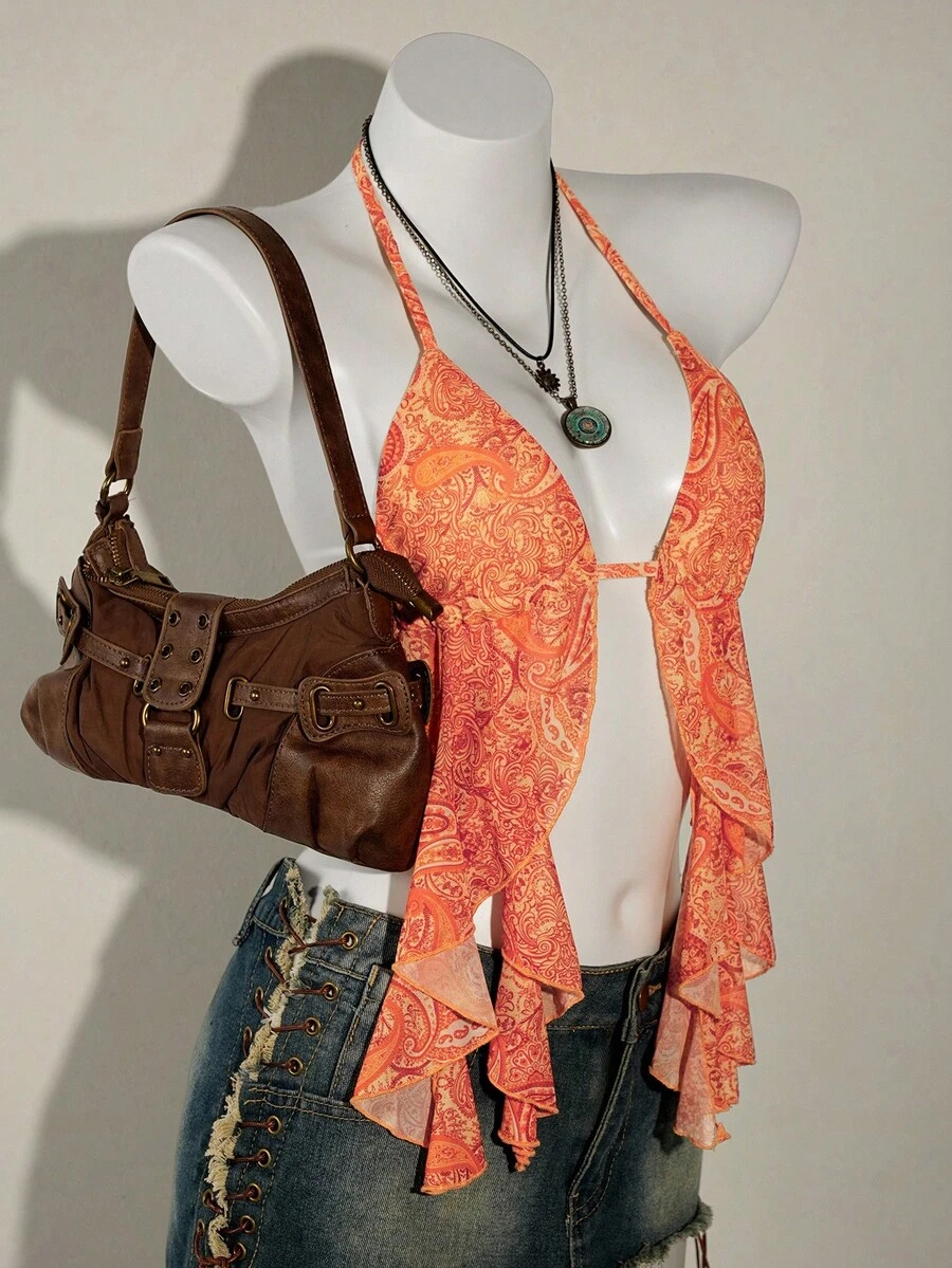 SHEIN ICON Women's Vacation Style Sexy Halter Neck Camisole - Orange - View 1