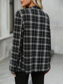 EMERY ROSE 女式格子长袖开襟休闲宽松夹克 - 黑色 - 查看 2