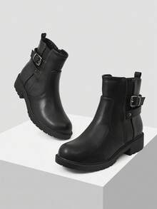 CUCCOO BIZCHIC 女式基本款黑色厚底中筒靴 - 黑色 - 查看 9