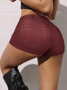 Jeanoix Women's Solid Color Minimalist Casual Shorts - Burgundy - View 2