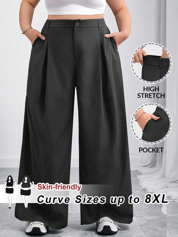 SHEIN CURVE+ Curve Plus Size/Autumn Clothes /Fall Women Clothes/Winter Clothes For Women/Winter ClothesPlus Size Women's Solid Color Button Casual Wide Leg Pants Suit Pants,Fall Clothes For Womenfall Clothes For Women,Winter,CURVE PLUS