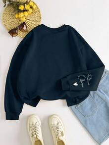 INAWLY Women's Casual Letter Print Crew Neck Sweatshirt - Blue - View 2