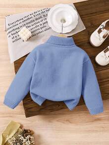 LMoss Kids LMoss 女童立領寬鬆休閒 3D 蝴蝶結裝飾毛衣，女童冬季衣著，秋季仙女風校園女孩上衣，海軍藍 - 藍色 - 查看 2