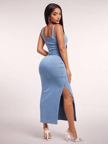 Radiana 女式方领褶皱侧开衩无袖修身牛仔连衣裙 - 淺色水洗藍 - 查看 2