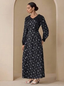 Graceveil 女式花卉印花长袖双领设计时尚连衣裙 - 黑色 - 查看 4