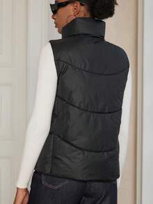 GENKIRA New Fashionable Casual Chic Minimalist Zip-Up Stand Collar Pocket Sleeveless Padded Vest Jacket, Sophisticated Design - Black - View 7