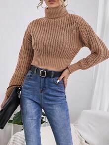 EURMUSE Turtleneck Drop Shoulder Crop Sweater - Dusty Pink - View 4