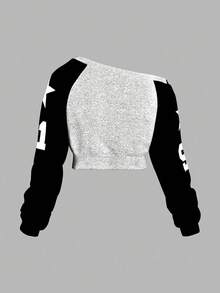 SHEIN HypeZone Áo nỉ dài tay họa tiết số Collegiate Colorblock thường ngày, vai chéo, mùa thu - Xám - Xem 2