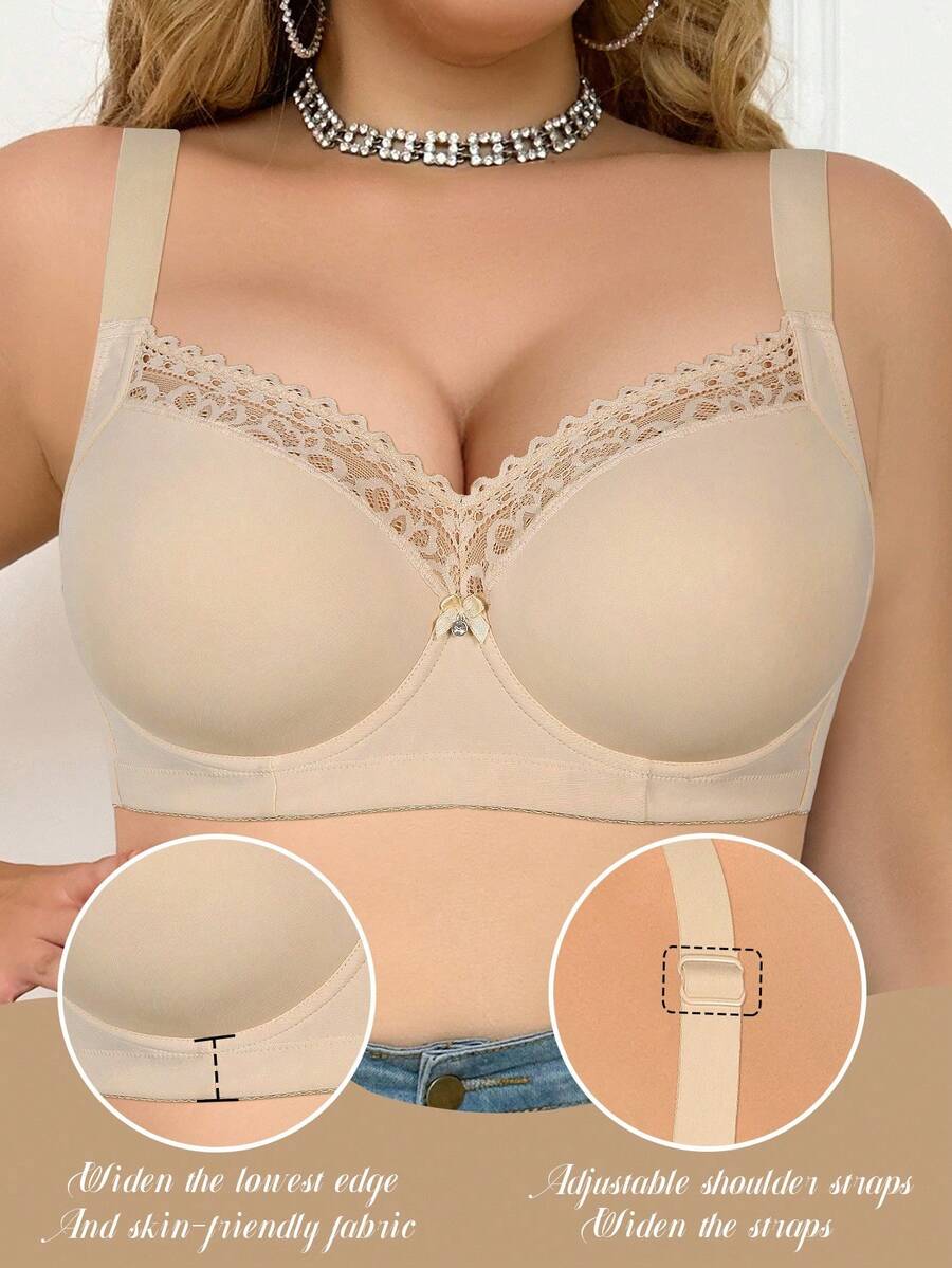 SHEIN 1pc Plus Size Lace Patchwork Underwire Bra With Wide Straps, Comfortable And Supportive, Lift - Beige - View 1