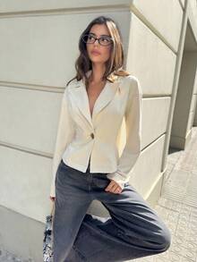 Siren Gaze 秋季优雅正式女式短款西装外套，2025 年新款女式秋季服装卡其色绒面革缺口领单排扣腰部收紧西装外套，适合办公室工作、商务休闲、外出聚会、毕业典礼，奢华老款西装外套适合冬季过渡 - 杏色 - 查看 7
