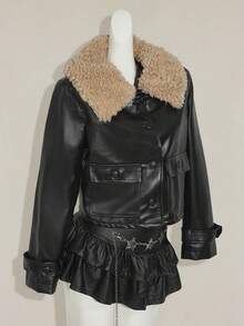 SHEIN ICON Y2k 秋季女款黑色外出撞色仿毛领长袖单排扣 PU 皮革时尚夹克短款皮夹克黑色皮夹克女款仿毛领夹克皮夹克带毛领短款黑色夹克 - 黑色 - 查看 7