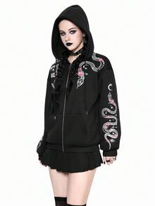 ROMWE Gothic Style Snake & Floral Print Women Hoodie With Thermal Lining - Black - View 4